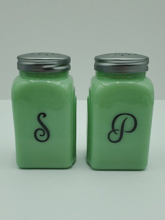 Other - Jadeite Salt & Pepper Shakers Green Milk Glass Shaker Set with S & P Initials